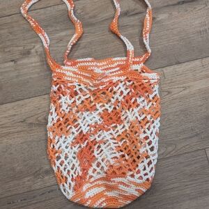 Vibrant Orange and White Crocheted Farmers Market Bag